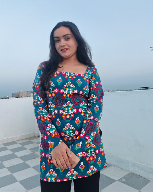 Sea Mirage Cotton Kurti – Floral Printed Straight Fit with Square Neck