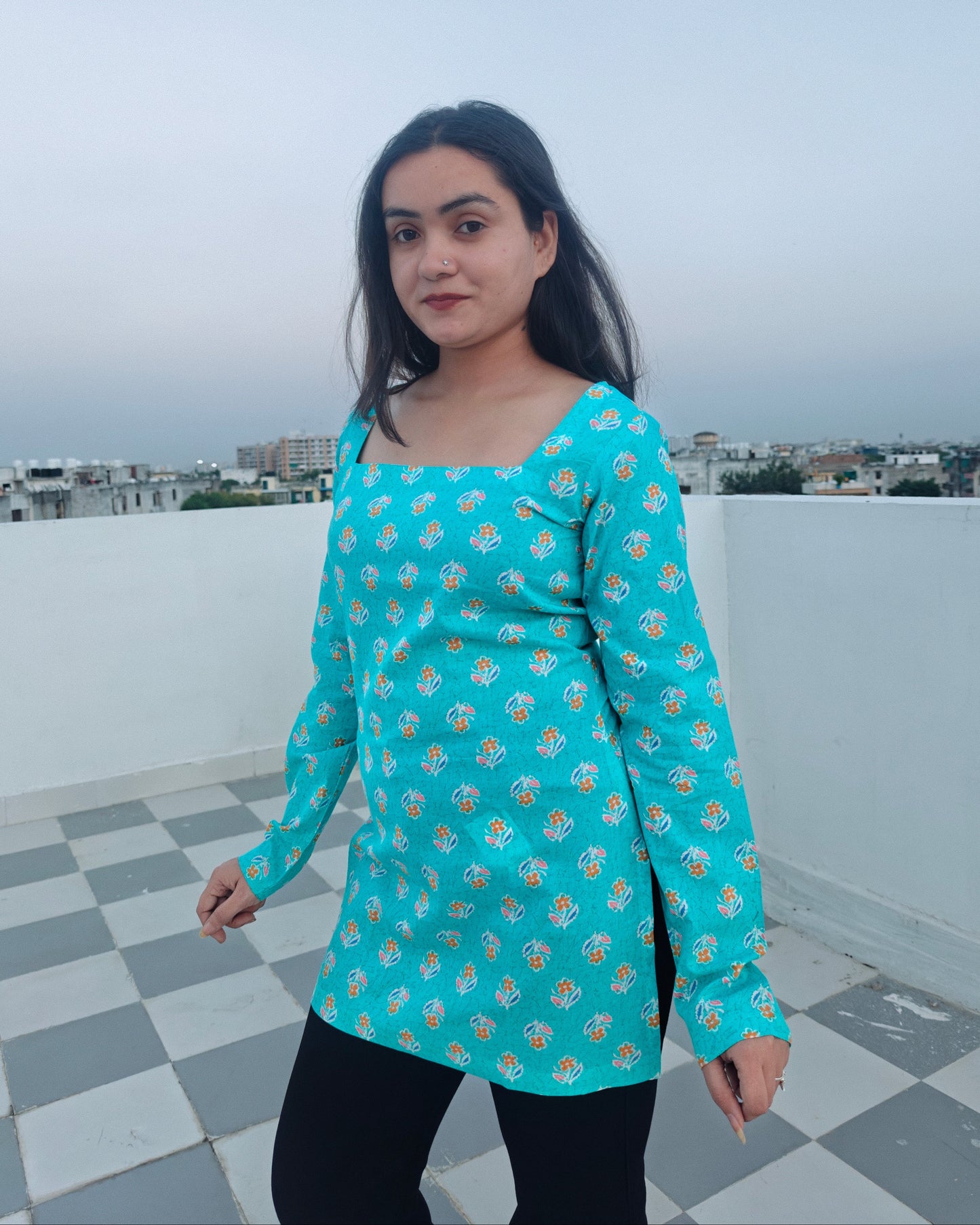 Turquoise Floral Printed Straight Fit with Square Neck