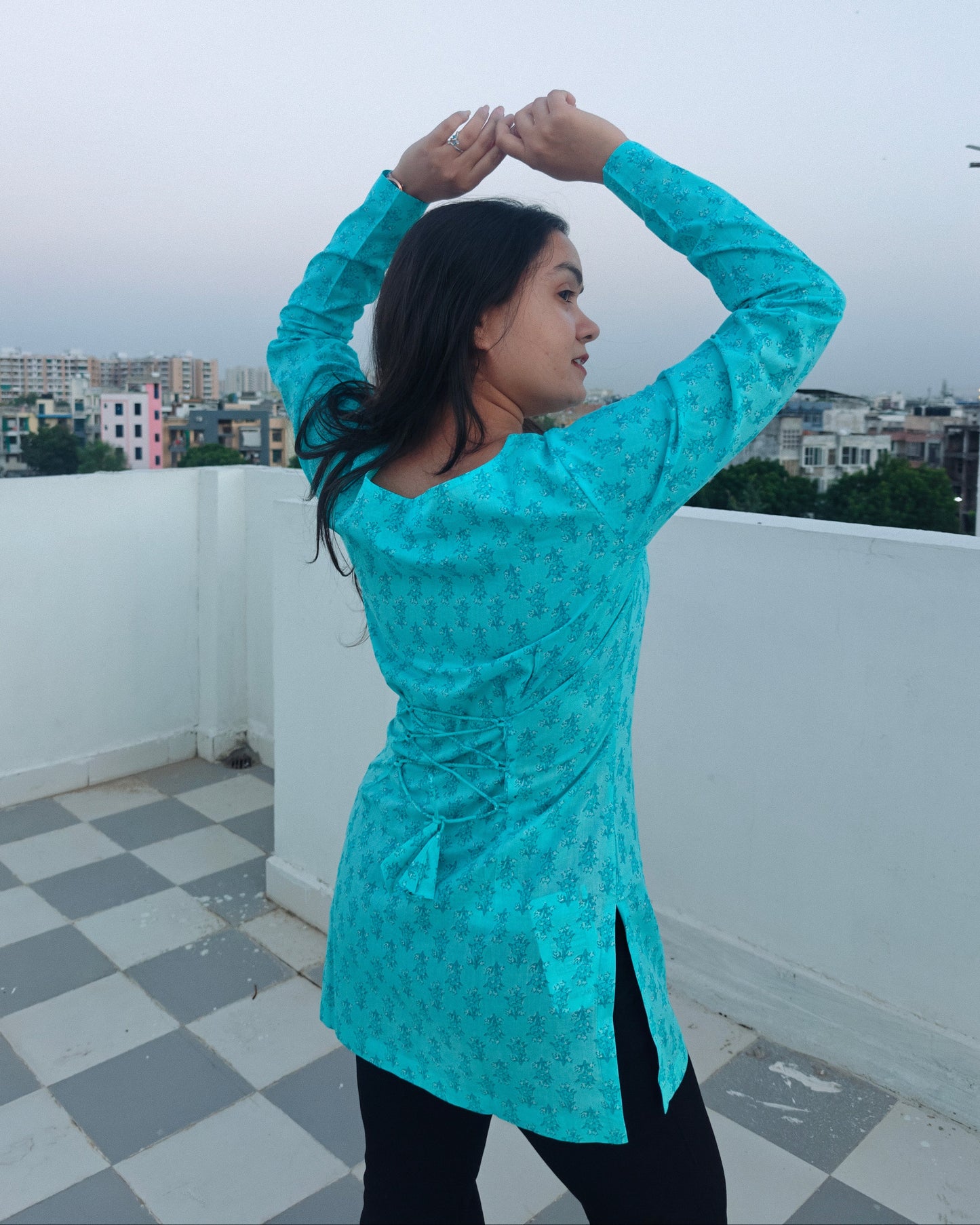 Turquoise Floral Printed Straight Fit with Square Neck