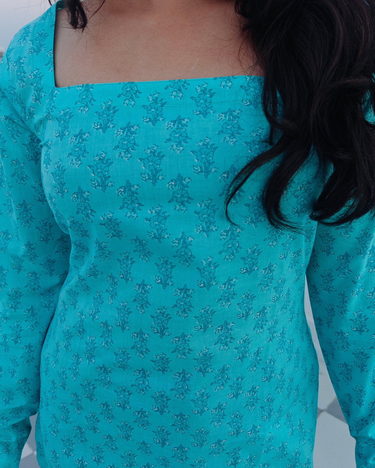 Turquoise Floral Printed Straight Fit with Square Neck