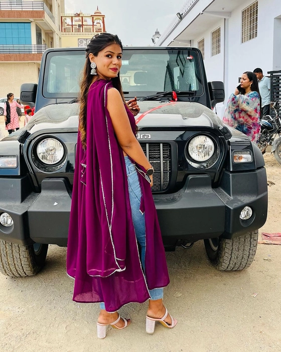 Stylish Wine Georgette Naira Cut Kurta with Dupatta - Vastramaniaa