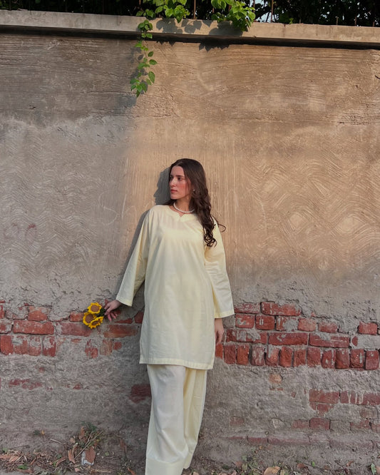 Noor Farshi Cotton Co-ord Set – Butter Yellow & Blush Pink Elegance