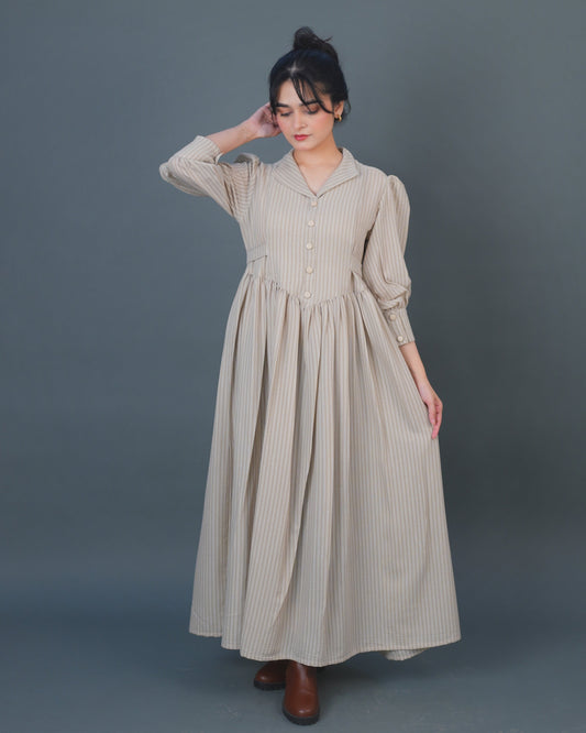 Soft textured crepe Woman's Cream Lined Maxi Dress by Vastramaniaa