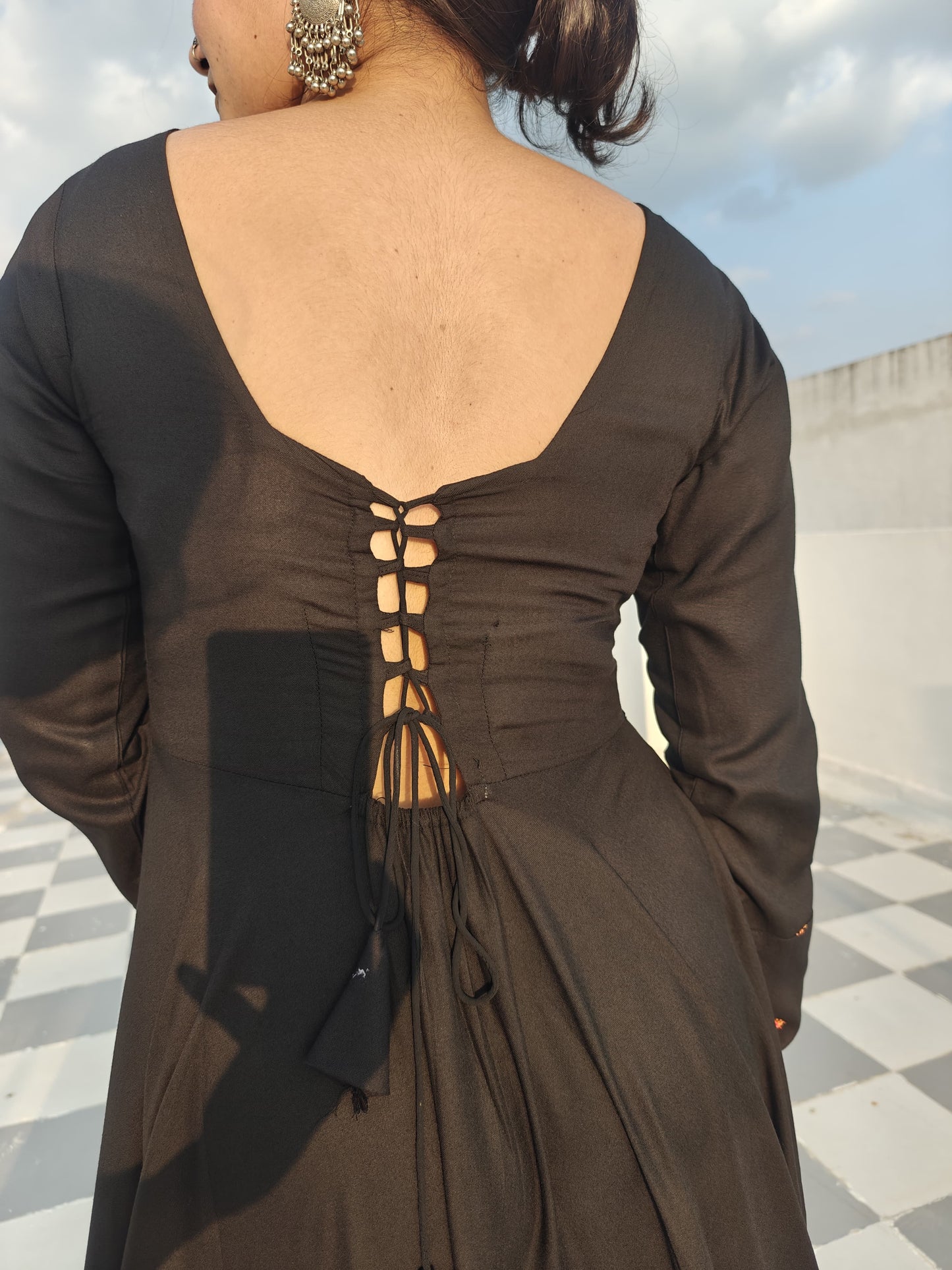 Back detailing Black full-sleeve rayon Anarkali with embroidered dupatta – elegant festive wear for parties and weddings