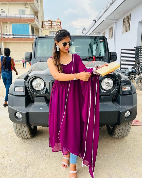 Stylish Wine Georgette Naira Cut Kurta with Dupatta - Vastramaniaa