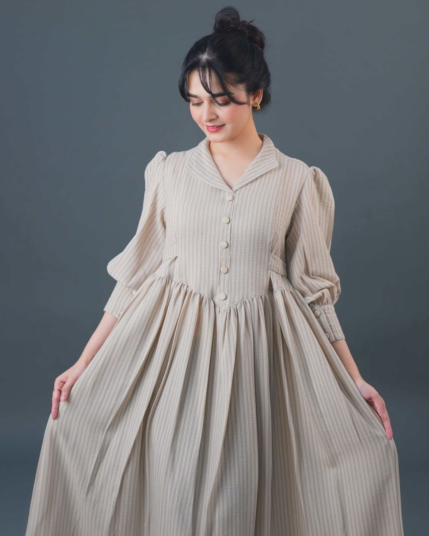 Soft textured crepe Woman's Cream Lined Maxi Dress by Vastramaniaa