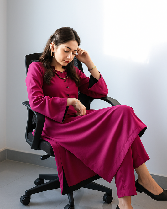 Woman in a pink outfit sitting on a black office chair against a white wall.