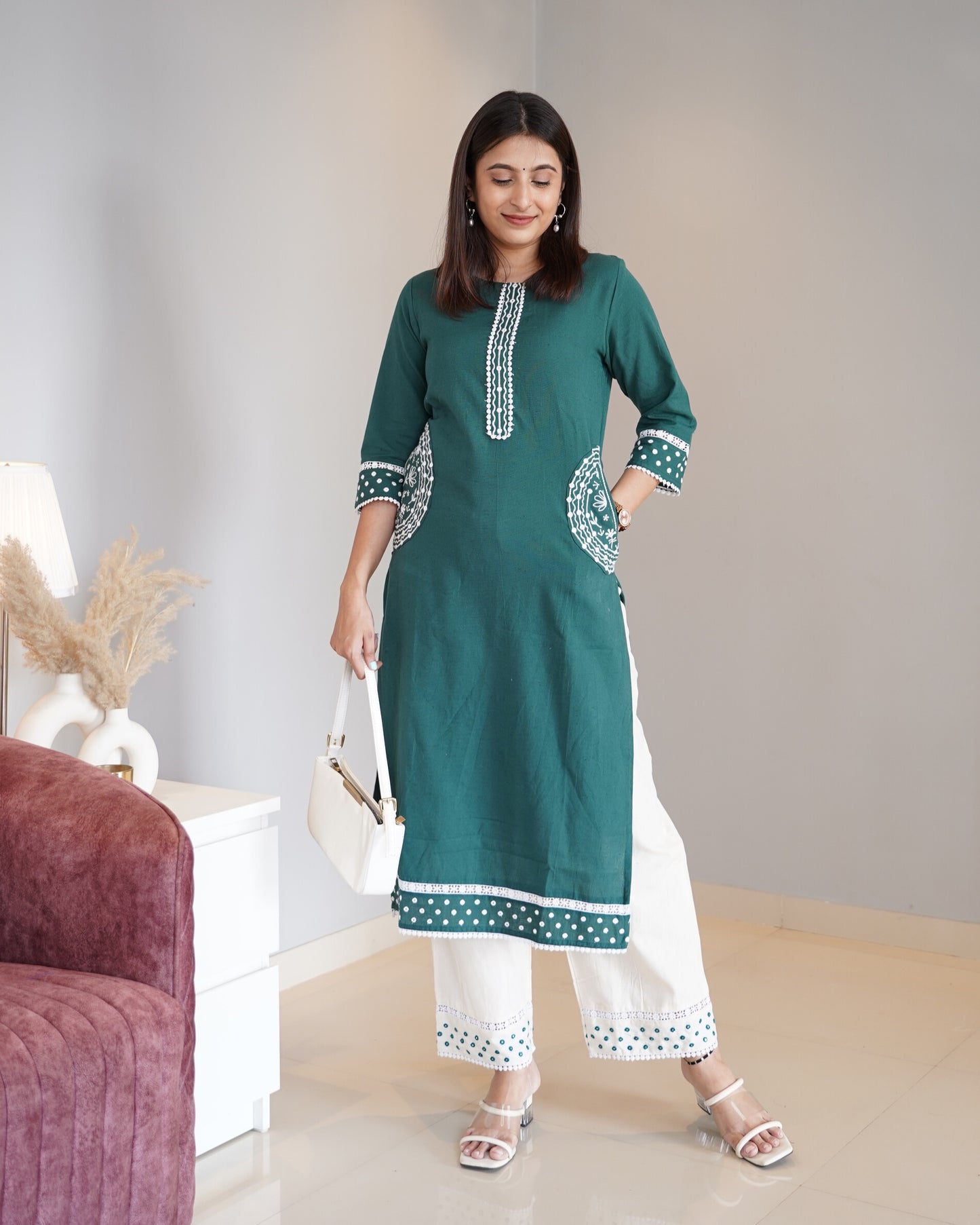 Vastramaniaa Woman's 3/4th Sleeve Straight Cotton Slub Kurta and Plazzo Set