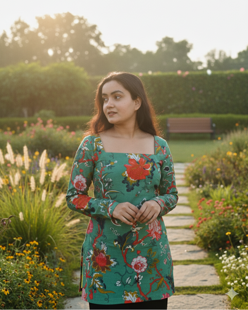 Woman in a floral dress standing in a garden