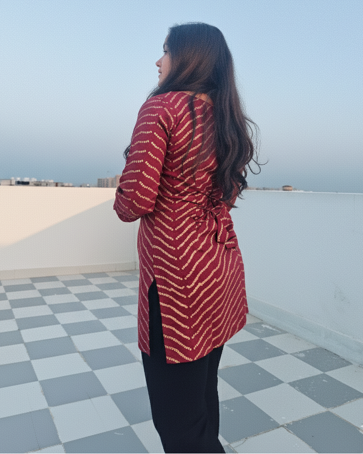Maroon Glint Rayon Kurti – Gold Printed Straight Fit