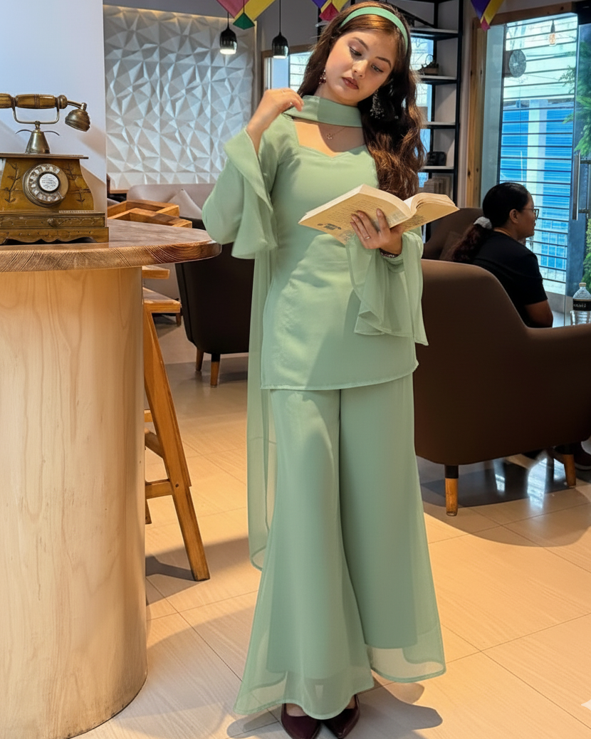 Woman in a light green traditional outfit reading a book in a cafe.