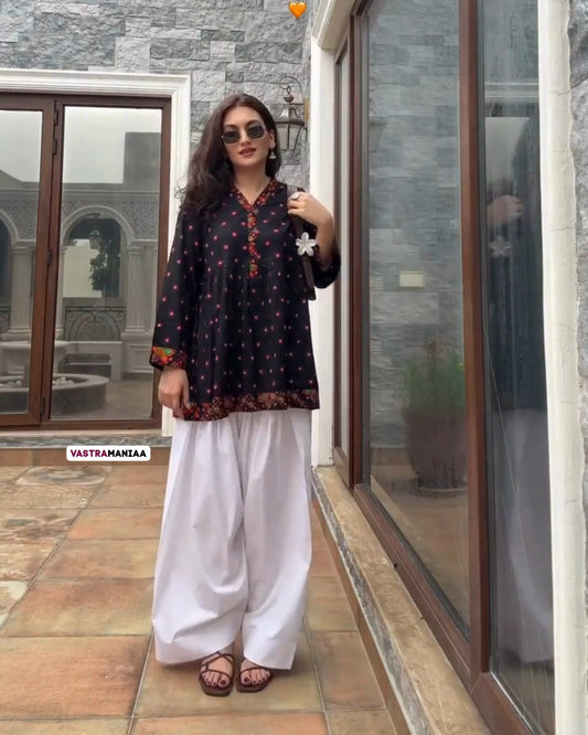 Peplum Grace Set – Black Embroidered Peplum Kurta with White Farshi Salwar