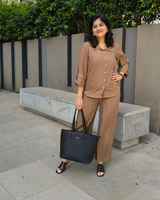 Neutral Chic Co-ord Set for Women in Cotton Slub | Relaxed Shirt & Pants