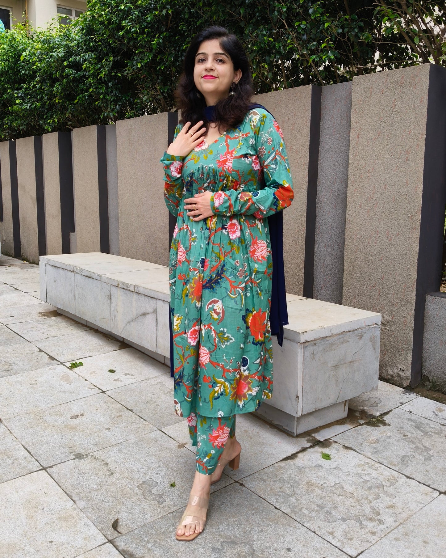 Sea Green Floral Naira Cut Cotton Kurta Pant Dupatta Set | Elegant Ethnic Wear for Women