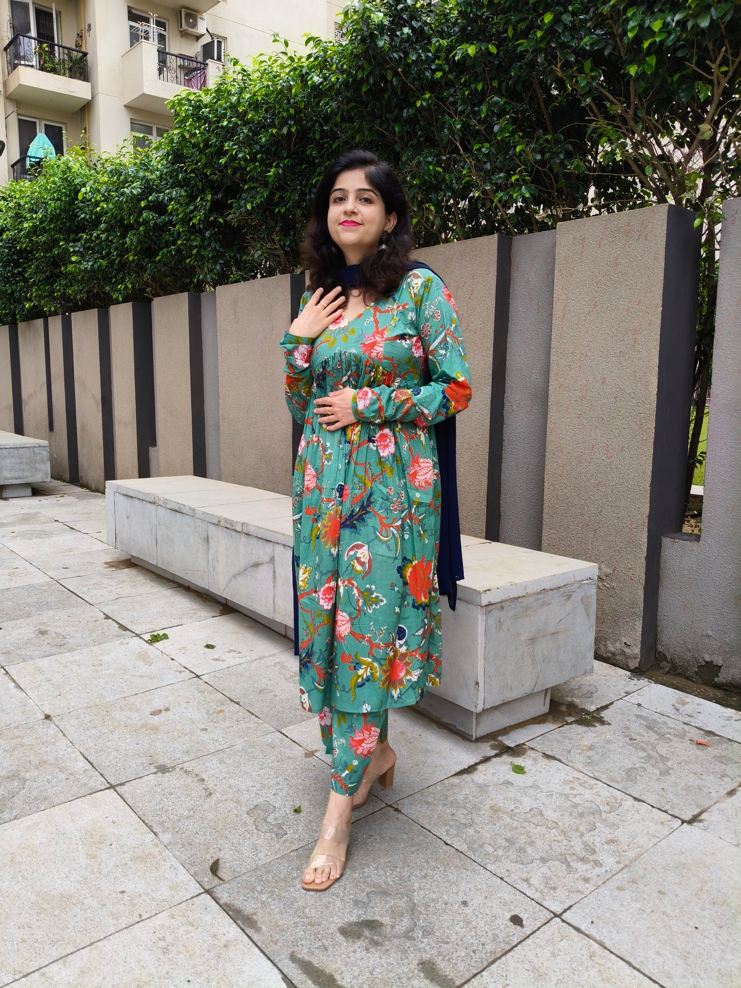 Sea Green Floral Naira Cut Cotton Kurta Pant Dupatta Set | Elegant Ethnic Wear for Women