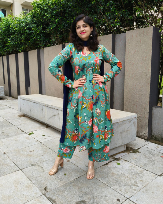 Sea Green Floral Naira Cut Cotton Kurta Pant Dupatta Set | Elegant Ethnic Wear for Women