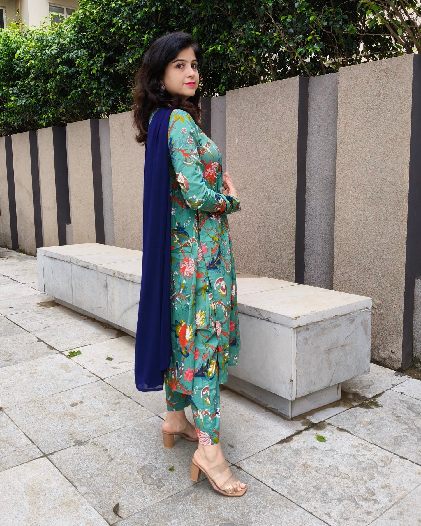 Sea Green Floral Naira Cut Cotton Kurta Pant Dupatta Set | Elegant Ethnic Wear for Women