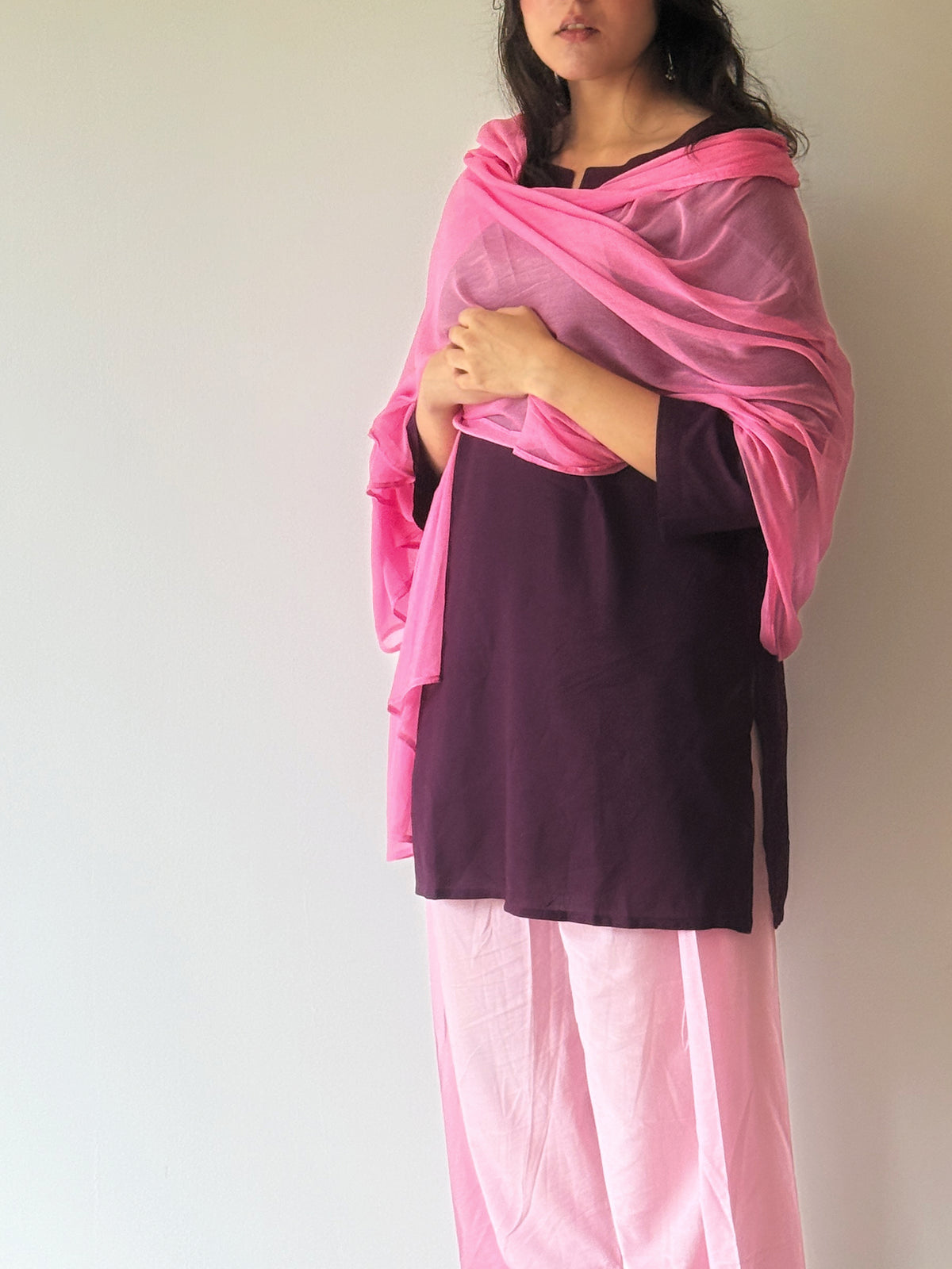 Wine Short Kurta with Blush Farshi & Dupatta | 3-Piece | XS–5XL