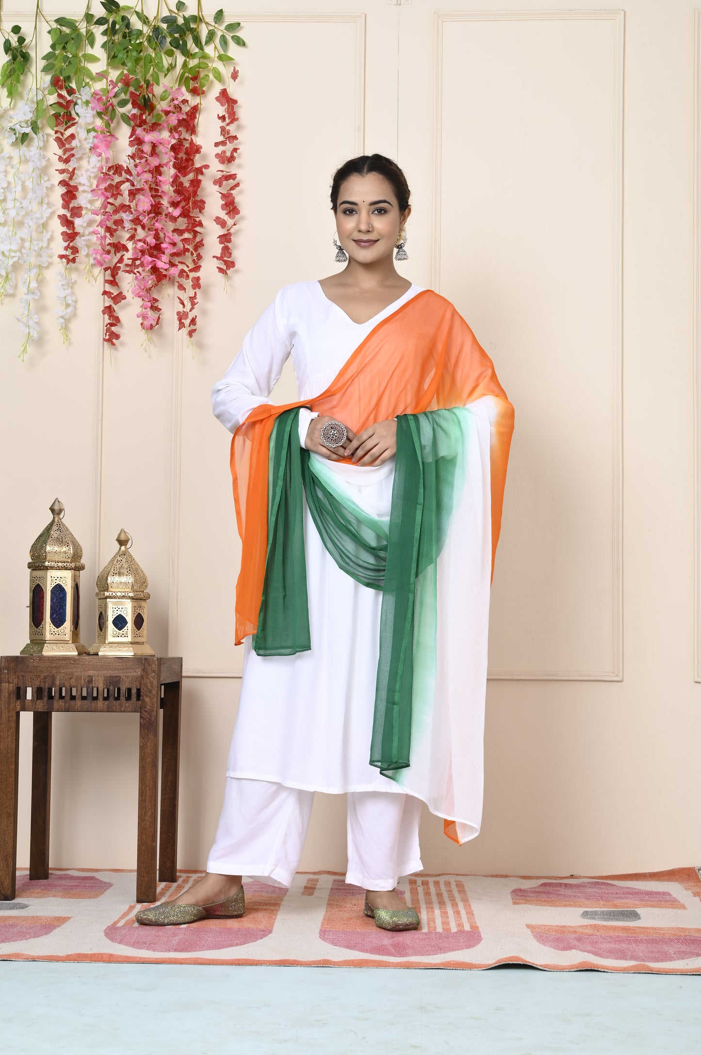 Vastramaniaa Women's White Rayon Naira Cut Kurta Pant Set with Tri-Color Dupatta