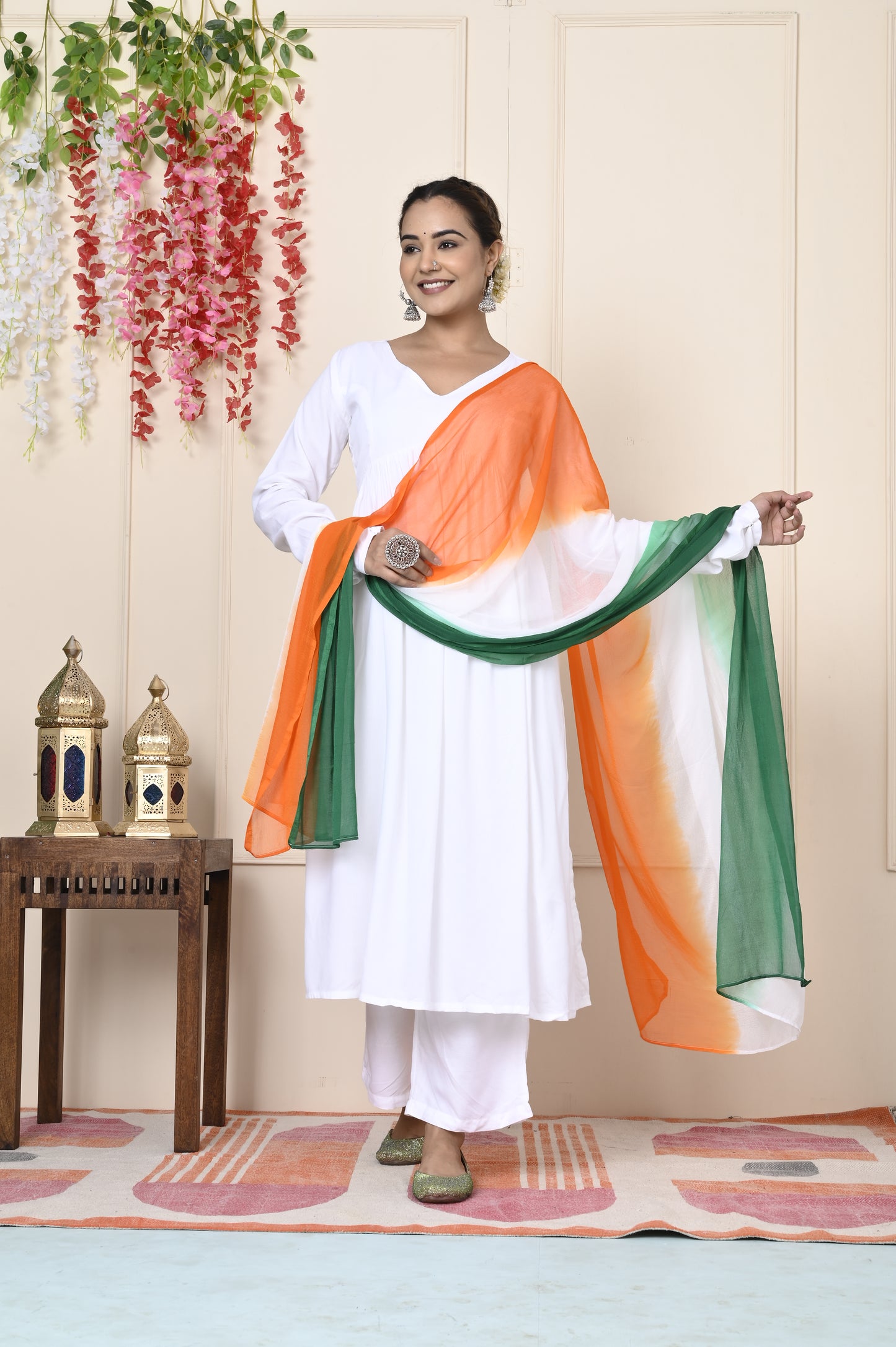 Vastramaniaa Women's White Rayon Naira Cut Kurta Pant Set with Tri-Color Dupatta