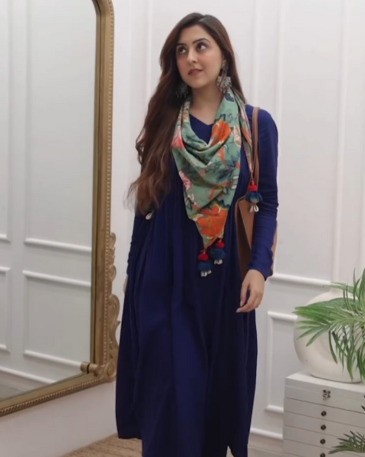VASTRAMANIAA Women's Navy Blue Rayon Solid Kurta with Palazzo and Printed Cotton Scarf