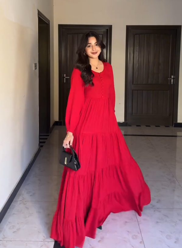 VASTRAMANIAA Women's Red Rayon Tiered Long Dress