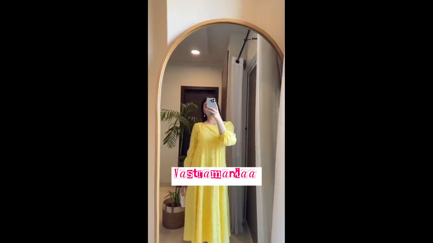 Elegant Yellow Cotton Dress with Puffy Sleeves & Cefley Work
