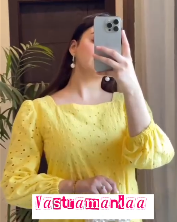 Elegant Yellow Cotton Dress with Puffy Sleeves & Cefley Work