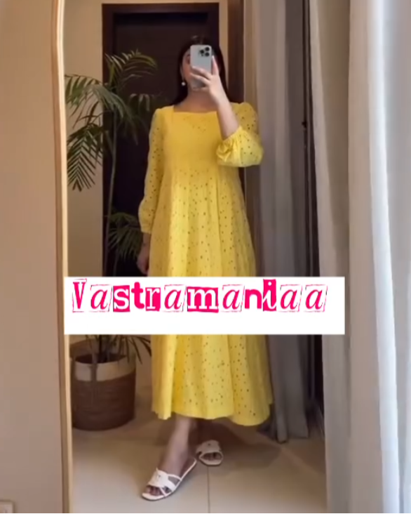 Elegant Yellow Cotton Dress with Puffy Sleeves & Cefley Work