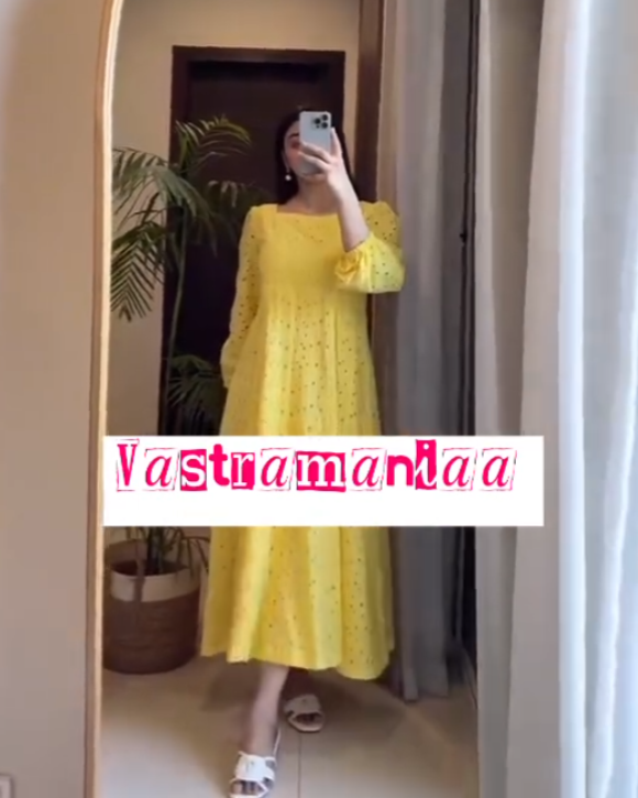 Elegant Yellow Cotton Dress with Puffy Sleeves & Cefley Work