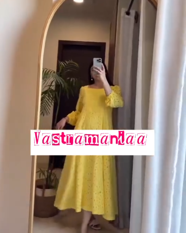 Elegant Yellow Cotton Dress with Puffy Sleeves & Cefley Work