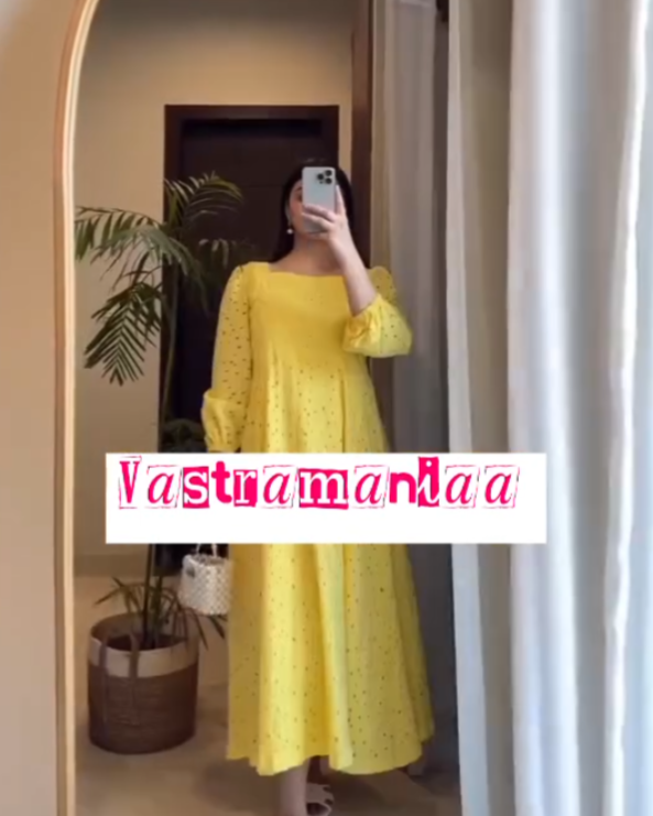 Elegant Yellow Cotton Dress with Puffy Sleeves & Cefley Work