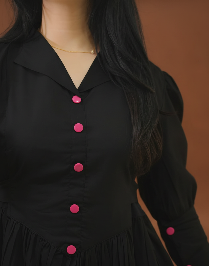 Solid Rayon Maxi Dress with Contrast Buttons & Puff Sleeves