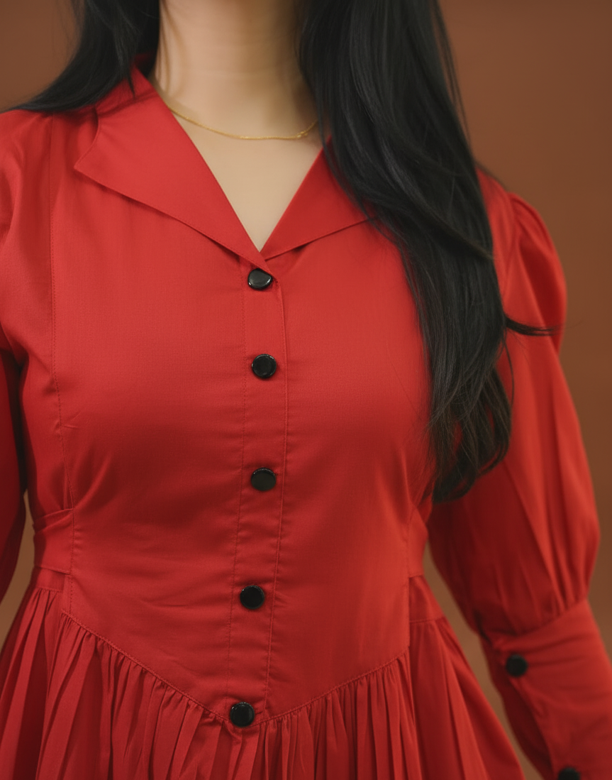 Solid Rayon Maxi Dress with Contrast Buttons & Puff Sleeves