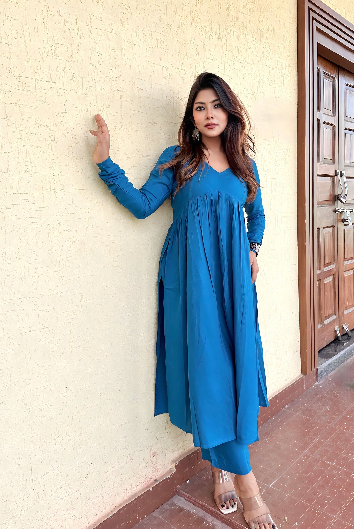 Vastramaniaa Women's Churidar Sleeve Naira Cut Rayon Kurta Pant Set – V-Neck, Calf-Length, Pocket Detail