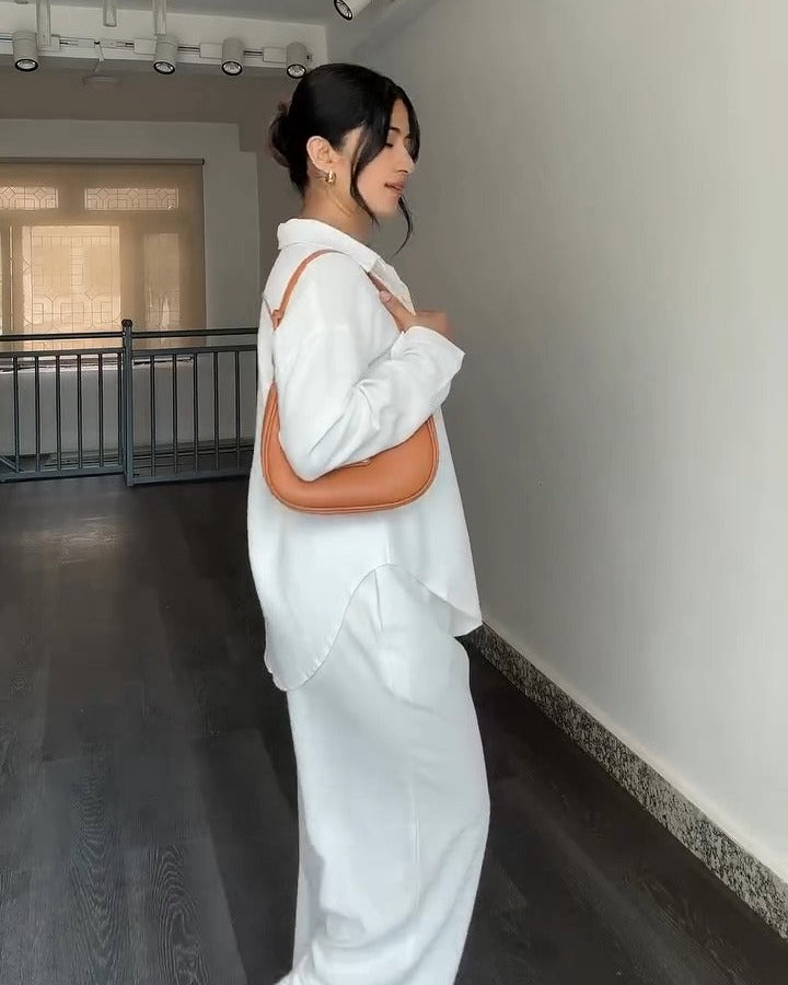 Solid Button-Down Shirt & Relaxed Pants Co-ord Set for Women
