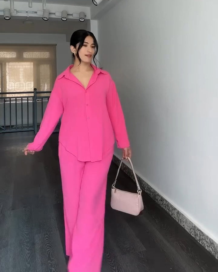 Solid Button-Down Shirt & Relaxed Pants Co-ord Set for Women