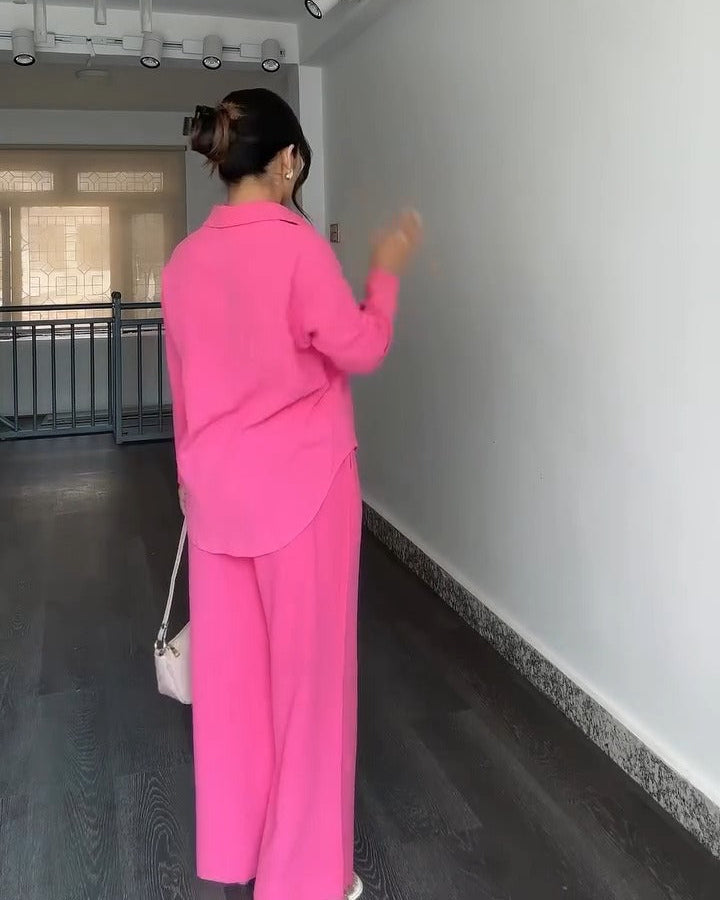 Solid Button-Down Shirt & Relaxed Pants Co-ord Set for Women