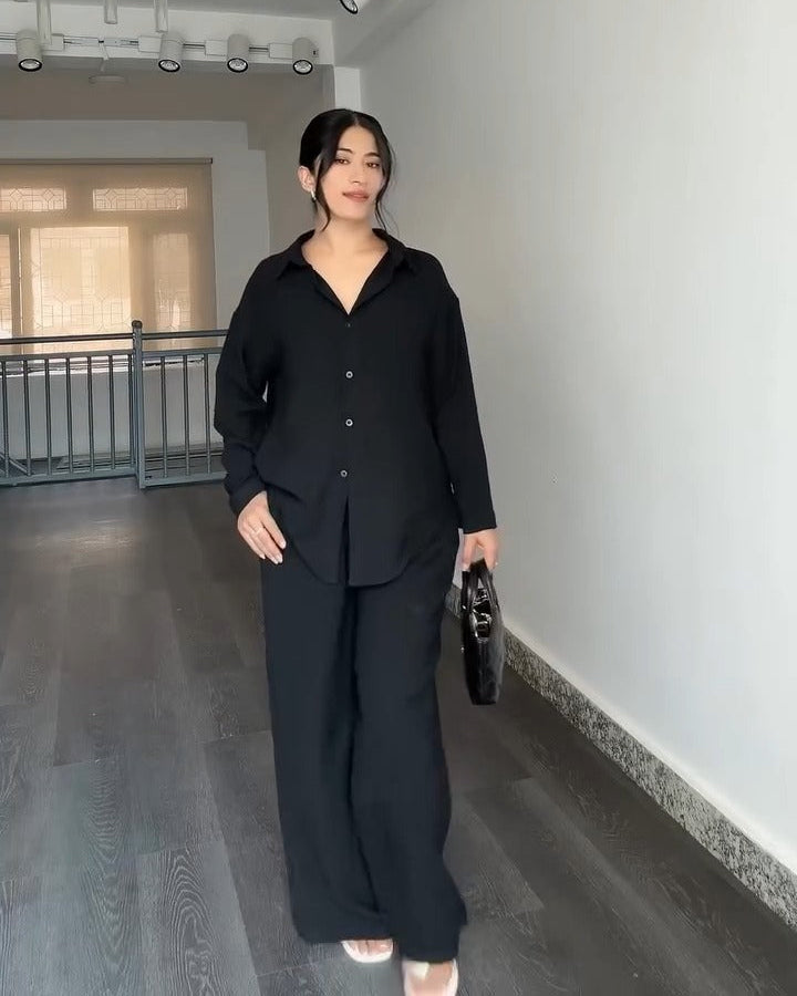 Solid Button-Down Shirt & Relaxed Pants Co-ord Set for Women