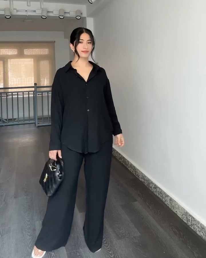 Solid Button-Down Shirt & Relaxed Pants Co-ord Set for Women