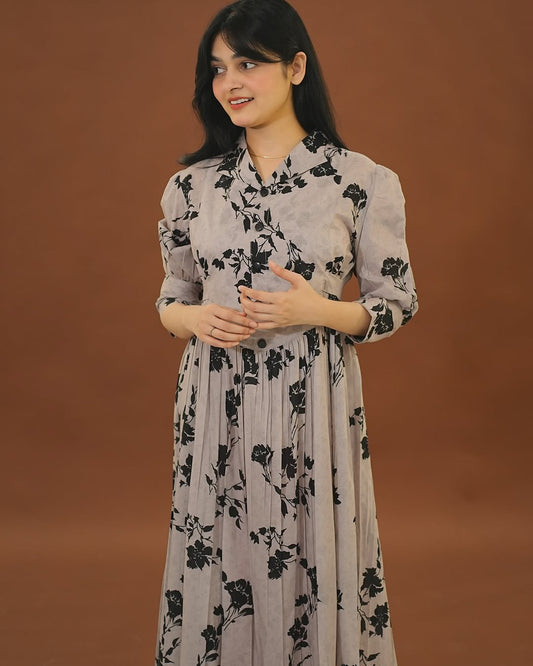 City Muse Cotton Maxi Dress – Floral Printed A-Line Dress with Puff Sleeves