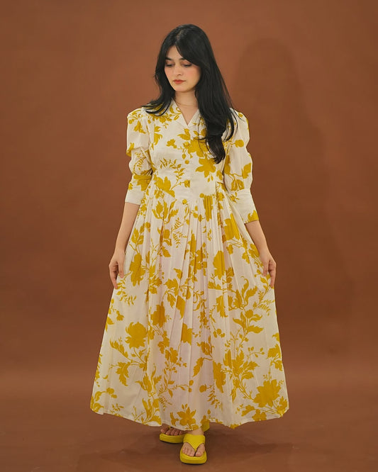 Sunlit Soirée Maxi Dress – White & Mustard Floral Cotton Elegance
