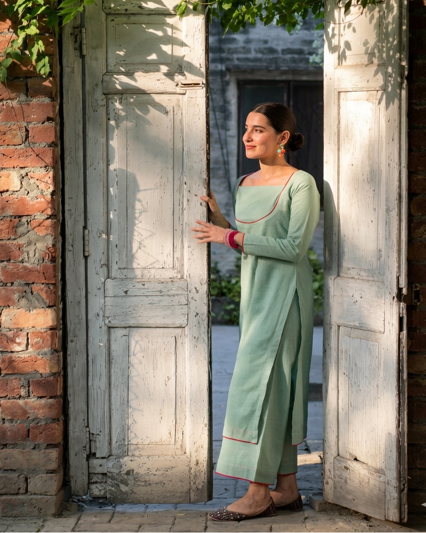 Pista Green Rayon Kurta Set | Square Neck with Contrast Magenta Piping