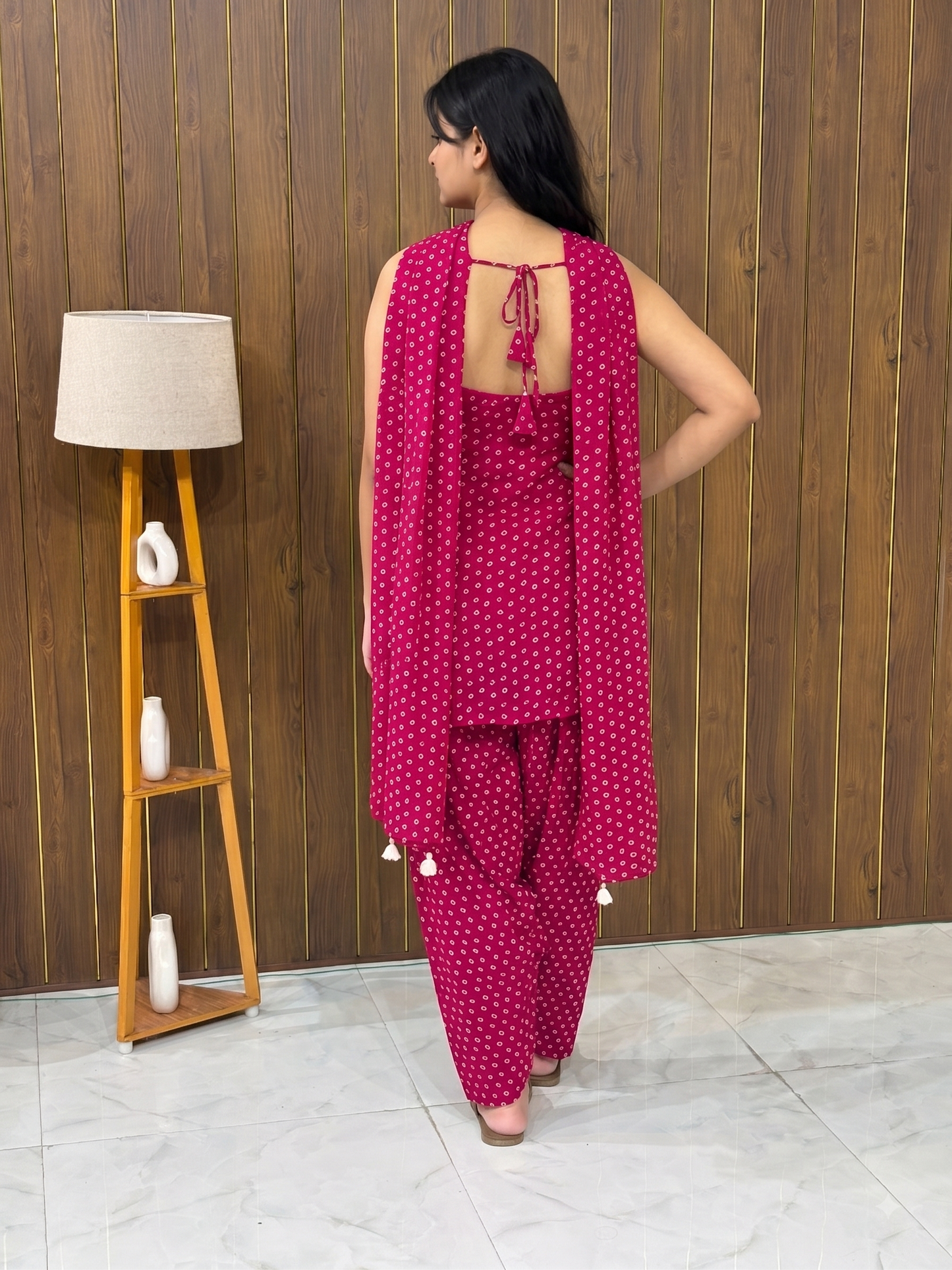 Fuchsia Pink Bandhani Print Sleeveless Kurta with Farshi Salwar Set | Georgette | XS–5XL