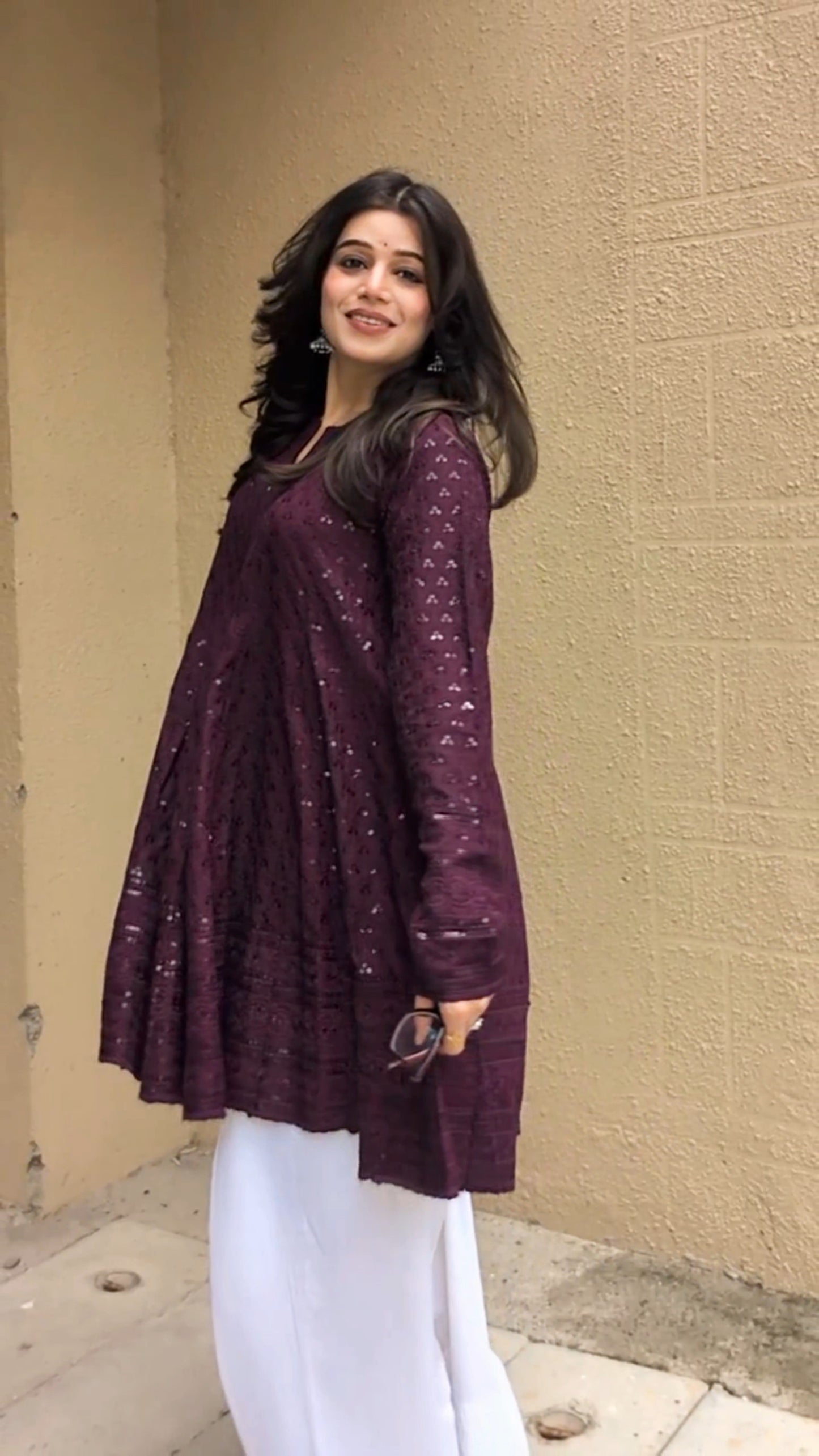 Wine Schiffli Embroidered Peplum Kurta with White Farshi Salwar
