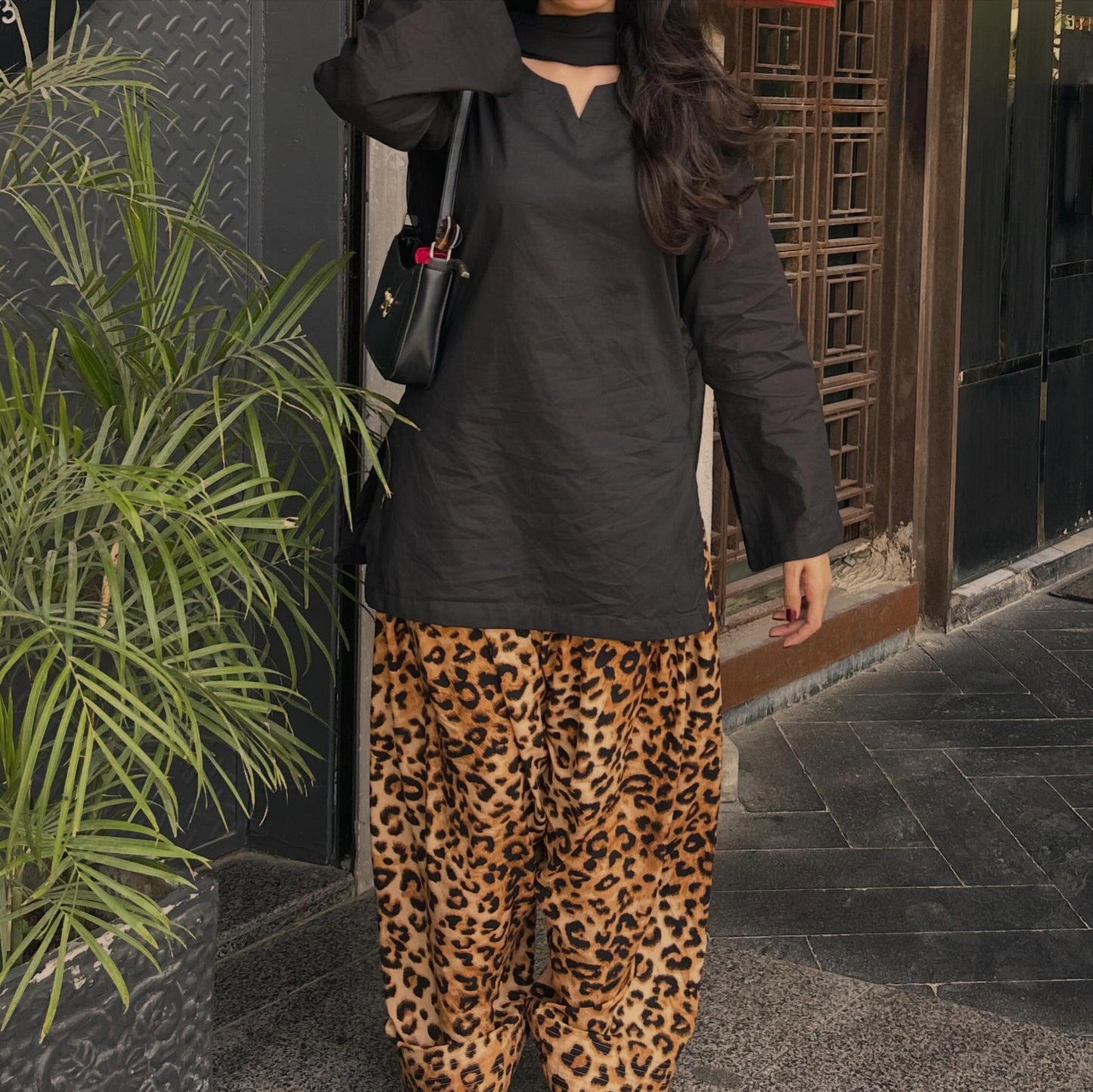 Black Rayon Short Kurti & Animal Print Farshi Set