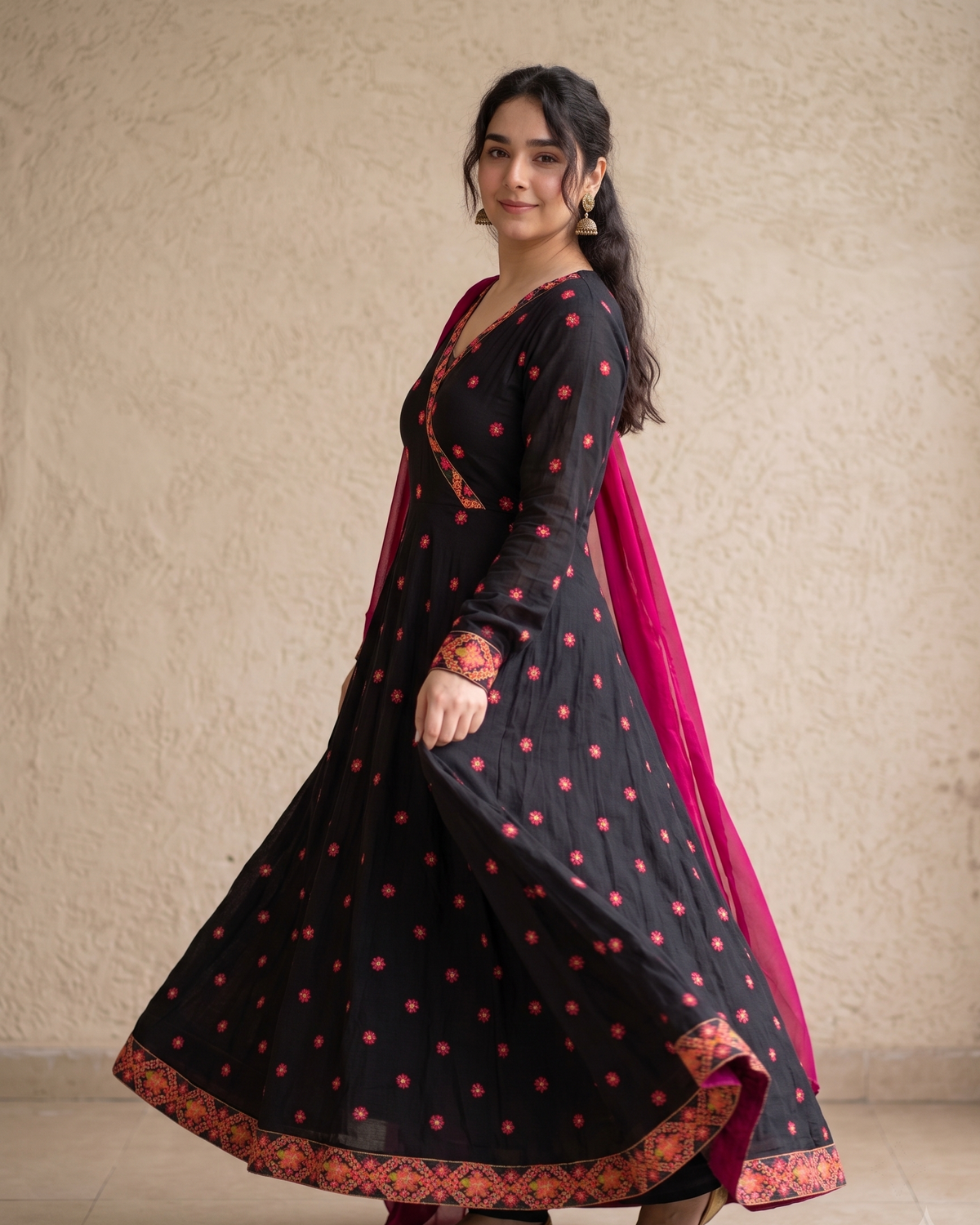 Black Embroidered Anarkali Kurta with Chiffon Dupatta | Navratri Special