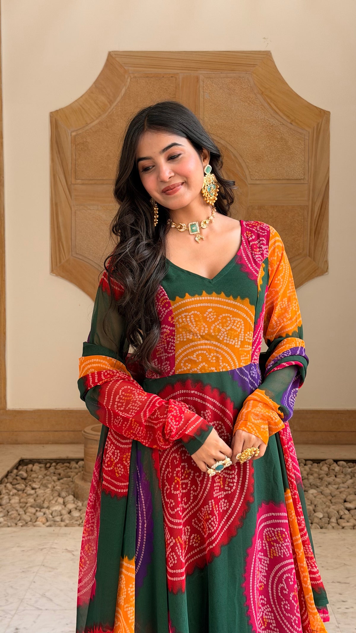 Multicolor Bandhani Print Georgette Anarkali Set with Dupatta | Sweetheart Neck, Backless | XS–5XL