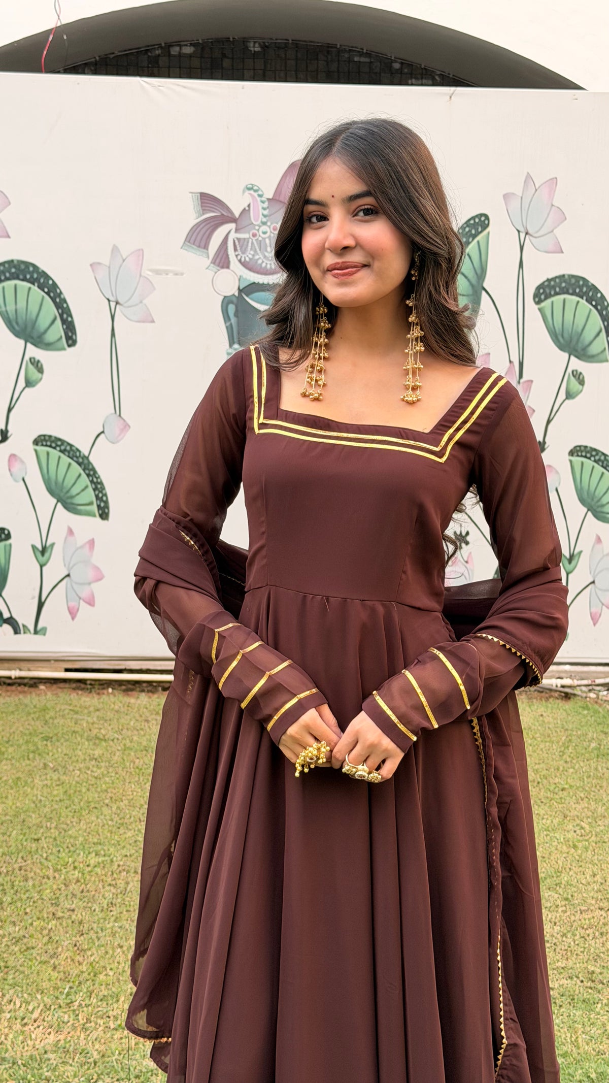 Brown Georgette Anarkali Set with Dupatta | Square Neck, Full Sleeves, Backless | XS–5XL