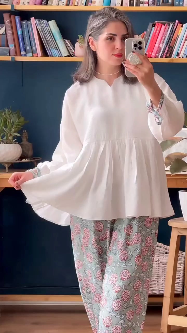 White Peplum Top & Green Floral Printed Salwar Pant Set | Breezy Summer Ethnic Wear for Women